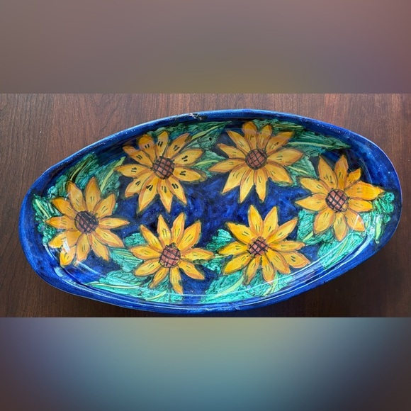 Mexican Talavera Oval Pottery Tray sunflowers dish Signed By Ruth Mexico 17"X9" - Picture 1 of 4